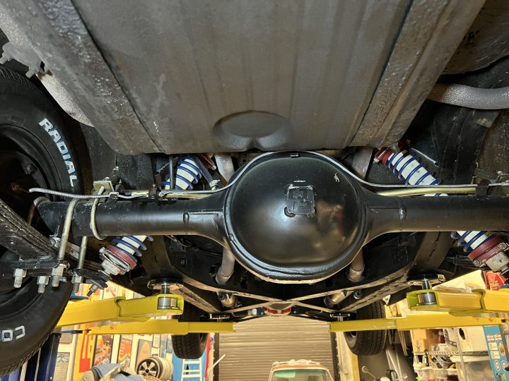 9" rear end in 55 Thunderbird limited slip. Quick Performance 3.00 ratio.